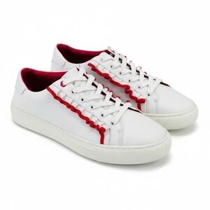 Tory Burch Sport Ruffle Sneakers White Leather Red Trim Women's Size 8.5 Shoe